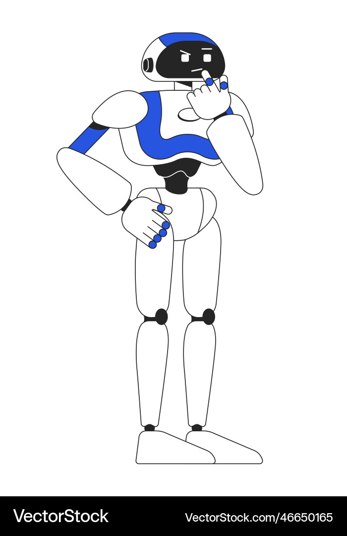 Humanoid robot in thinking pose linear flat color Humanoid robot in thinking pose linear flat color Vector Image