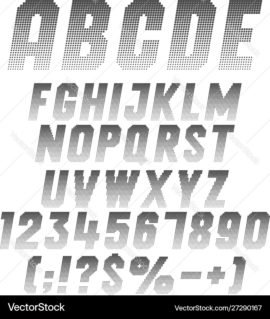 Alphabet letters numbers and symbols from pixels Alphabet letters numbers and symbols from pixels vector image