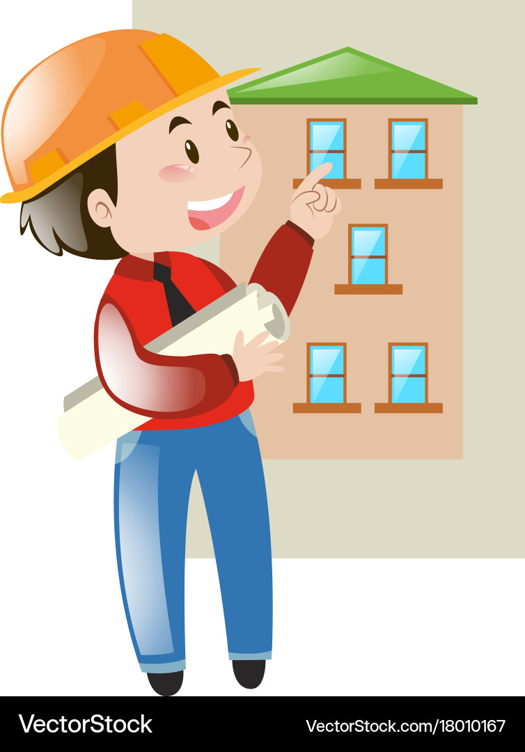 Engineer looking at blueprint of building Vector Image