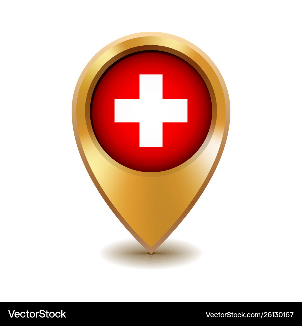 Golden metal map pointer with switzerland vector image