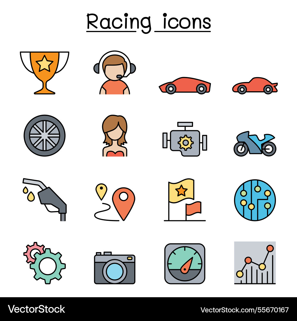 Racing icon set in color line style Racing icon set in color line style vector image