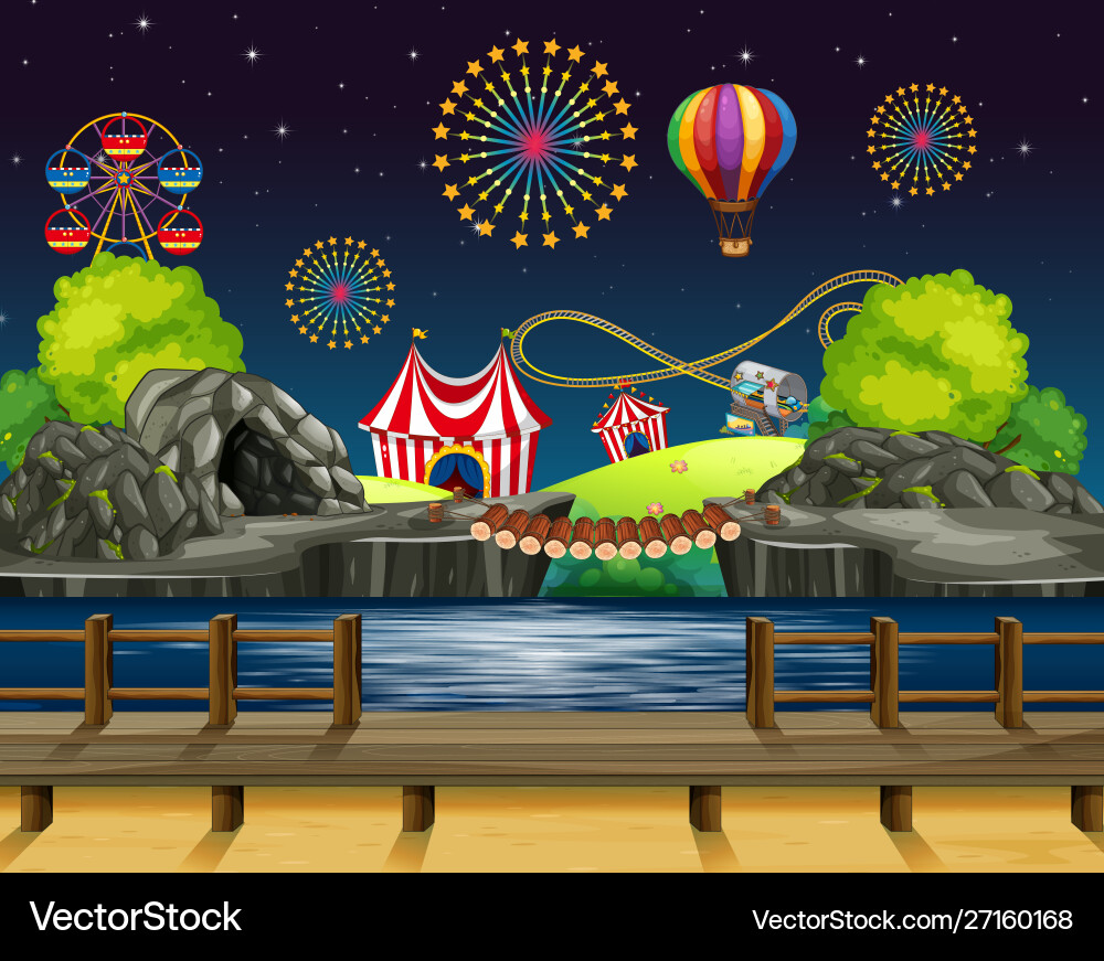 Carnival Night Scene with Fireworks Vector Image