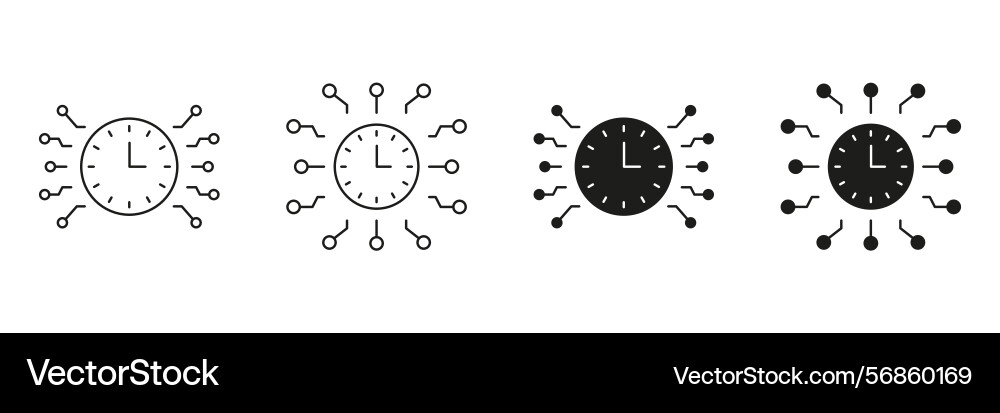 Clock with circuit lines line and solid icon set Clock with circuit lines line and solid icon set vector image