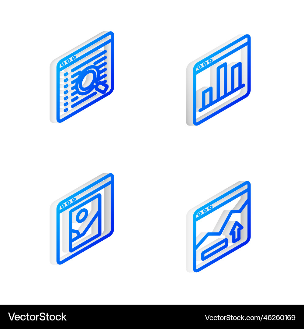 Set isometric line graph chart infographic search vector image