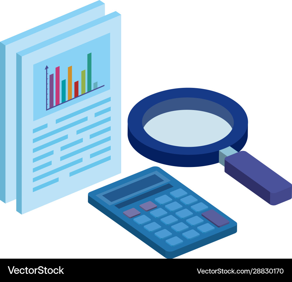 Document with magnifying glass and calculator Document with magnifying glass and calculator Vector Image