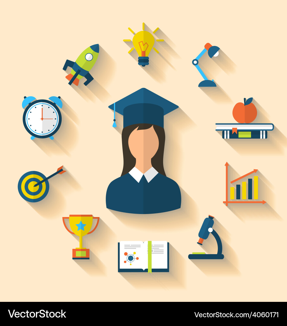 Flat icons of graduation and objects for high Vector Image