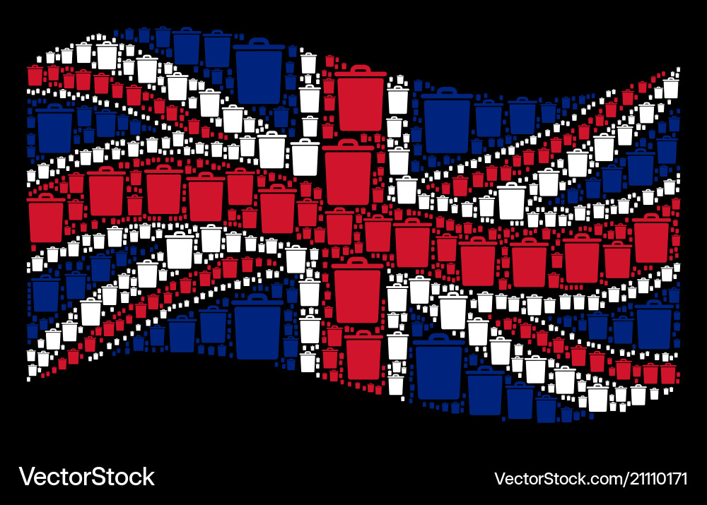 Waving uk flag pattern of trash bin items Waving uk flag pattern of trash bin items vector image