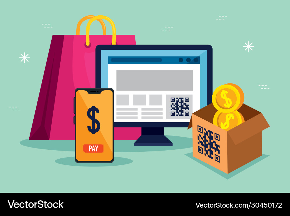 Qr code inside computer smartphone box coins vector image