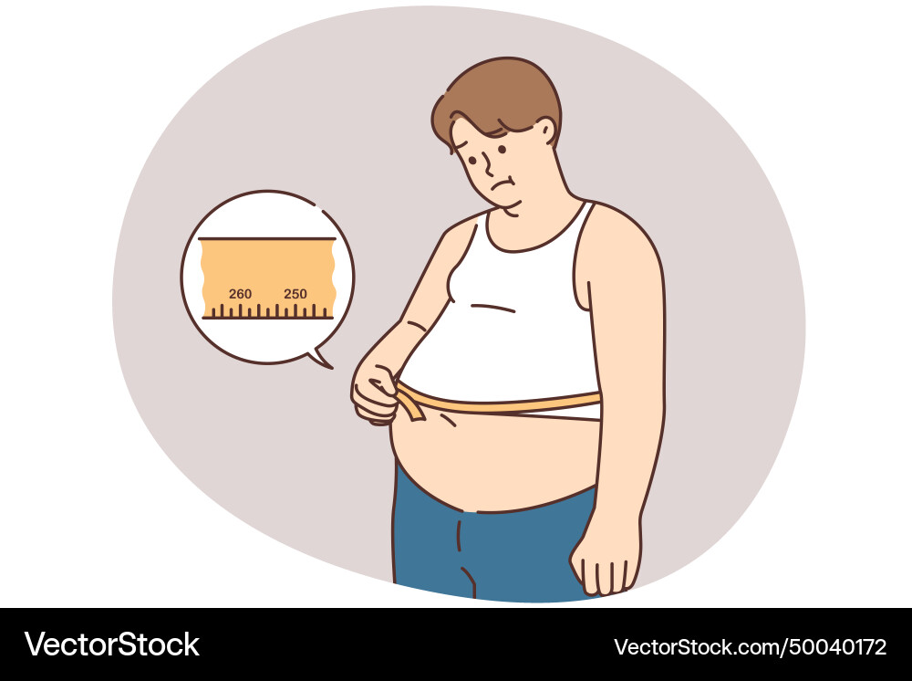 Unhappy fat man measure belly with tape Unhappy fat man measure belly with tape vector image