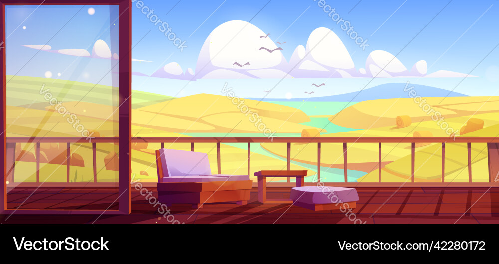 Wooden house terrace with autumn countryside view vector image