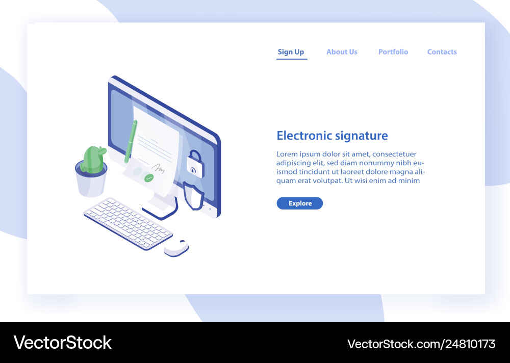 Landing page template with desktop computer paper Vector Image