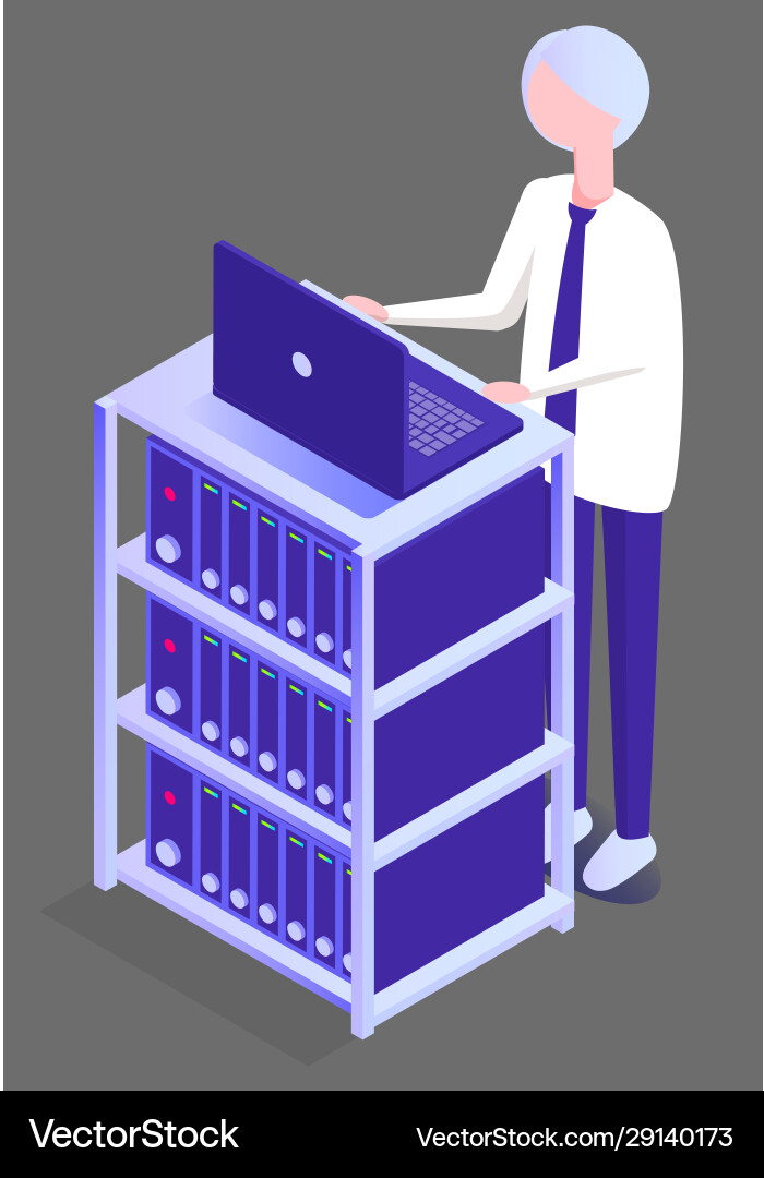 Man working in database center on computer Man working in database center on computer Vector Image