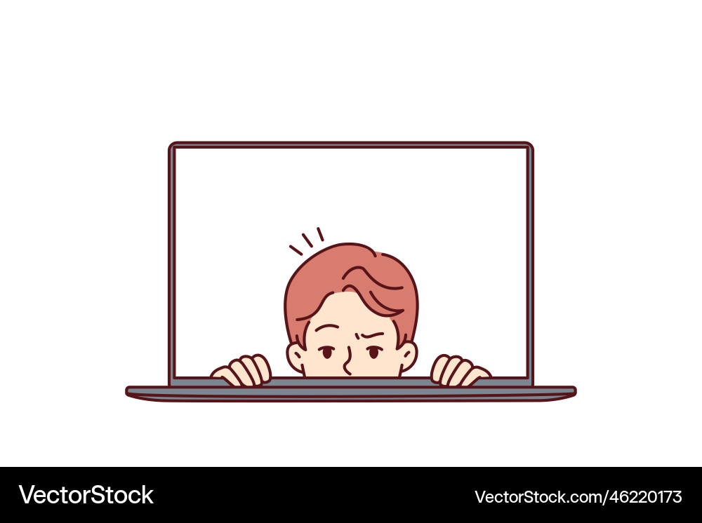 Mann mit Angst Gesicht sieht aus Laptop Mann mit Angst Gesicht sieht aus Laptop vektorbild