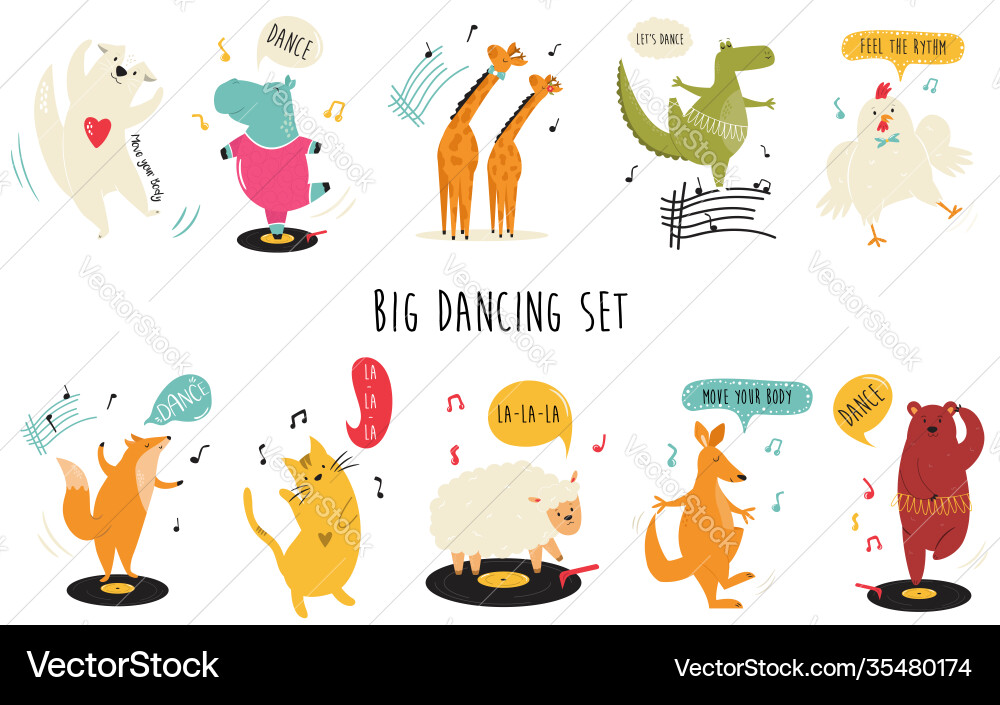 Big set funny and cute dancing animals Big set funny and cute dancing animals vector image