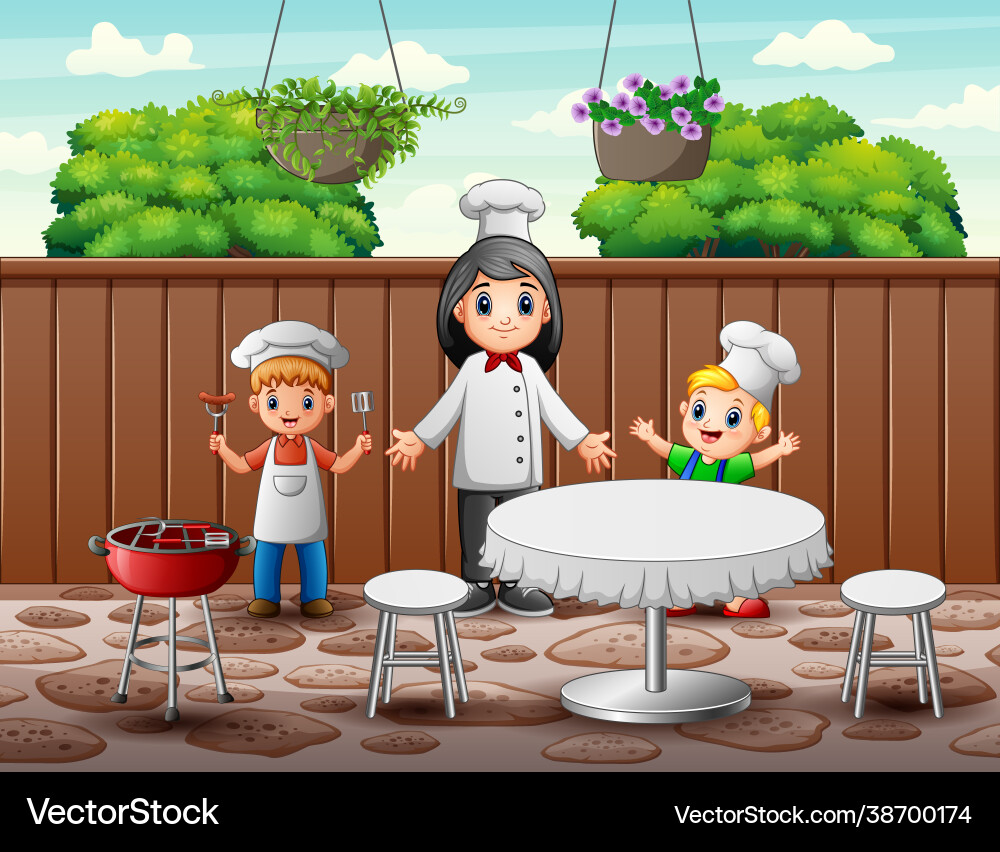 Glücklicher Küchenchef und Kinder im Restaurant Glücklicher Küchenchef und Kinder im Restaurant vektorbild
