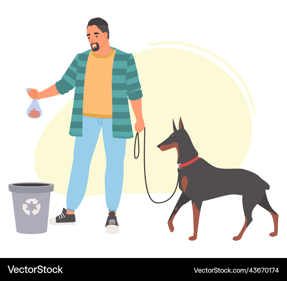 Man throwing dog poop in bag into trash can Man throwing dog poop in bag into trash can vector image
