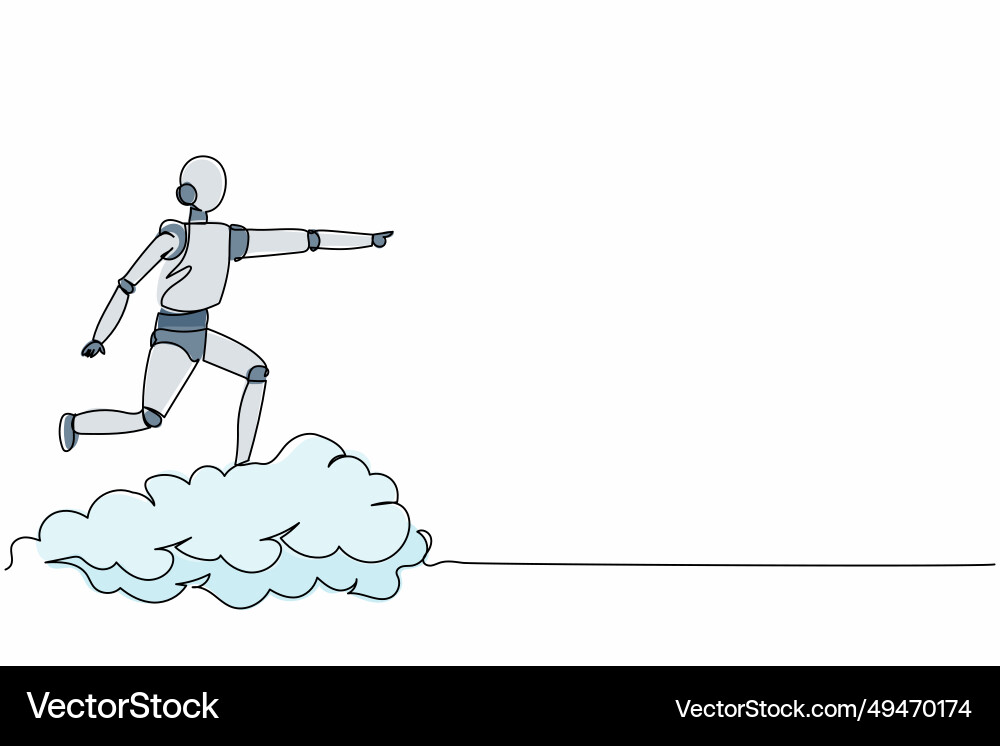 Single continuous line drawing robot riding cloud vector image