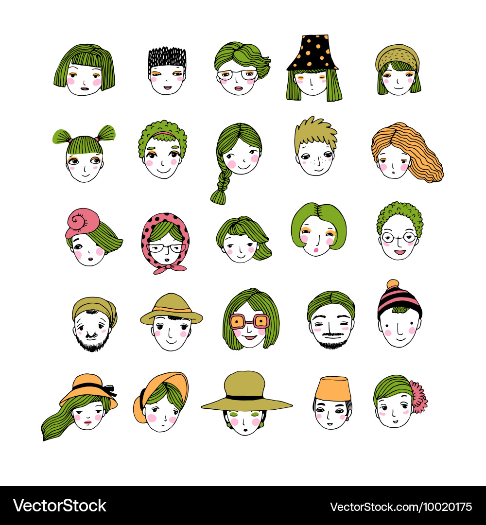 Different faces hand drawing isolated objects vector image