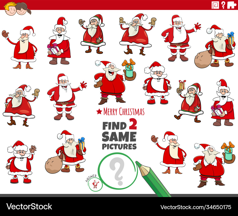Find Two Santa Pairs - Christmas Game Vector Image