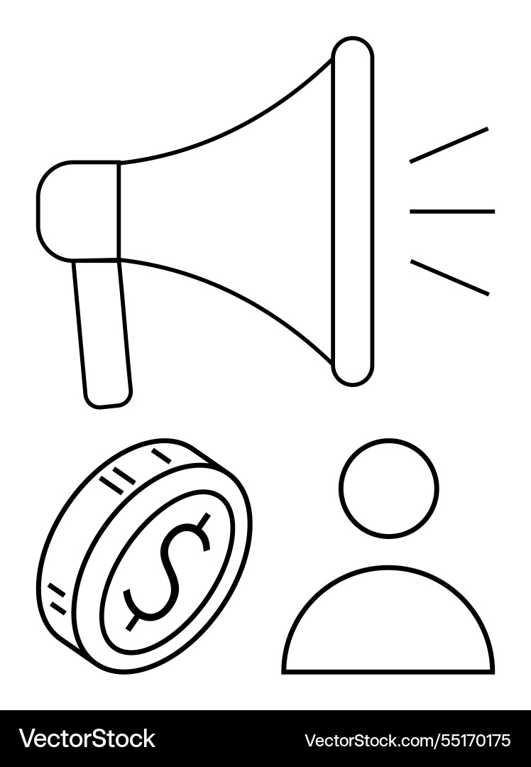 Megaphone with coin and user profile symbolizing Megaphone with coin and user profile symbolizing vector image