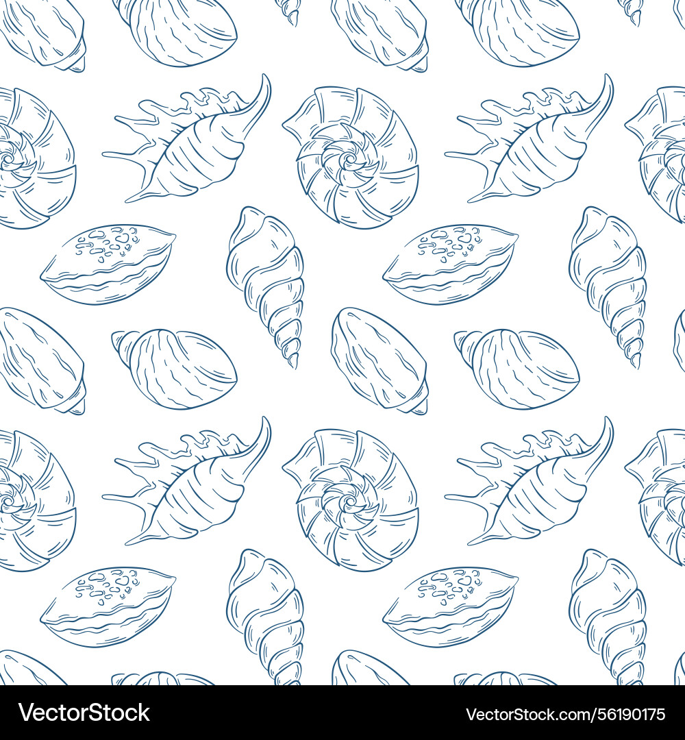 Seamless seashell pattern in blue line art style Seamless seashell pattern in blue line art style vector image