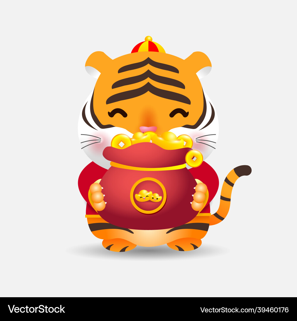 2022 chinese new year little tiger and bag gold 2022 chinese new year little tiger and bag gold vector image