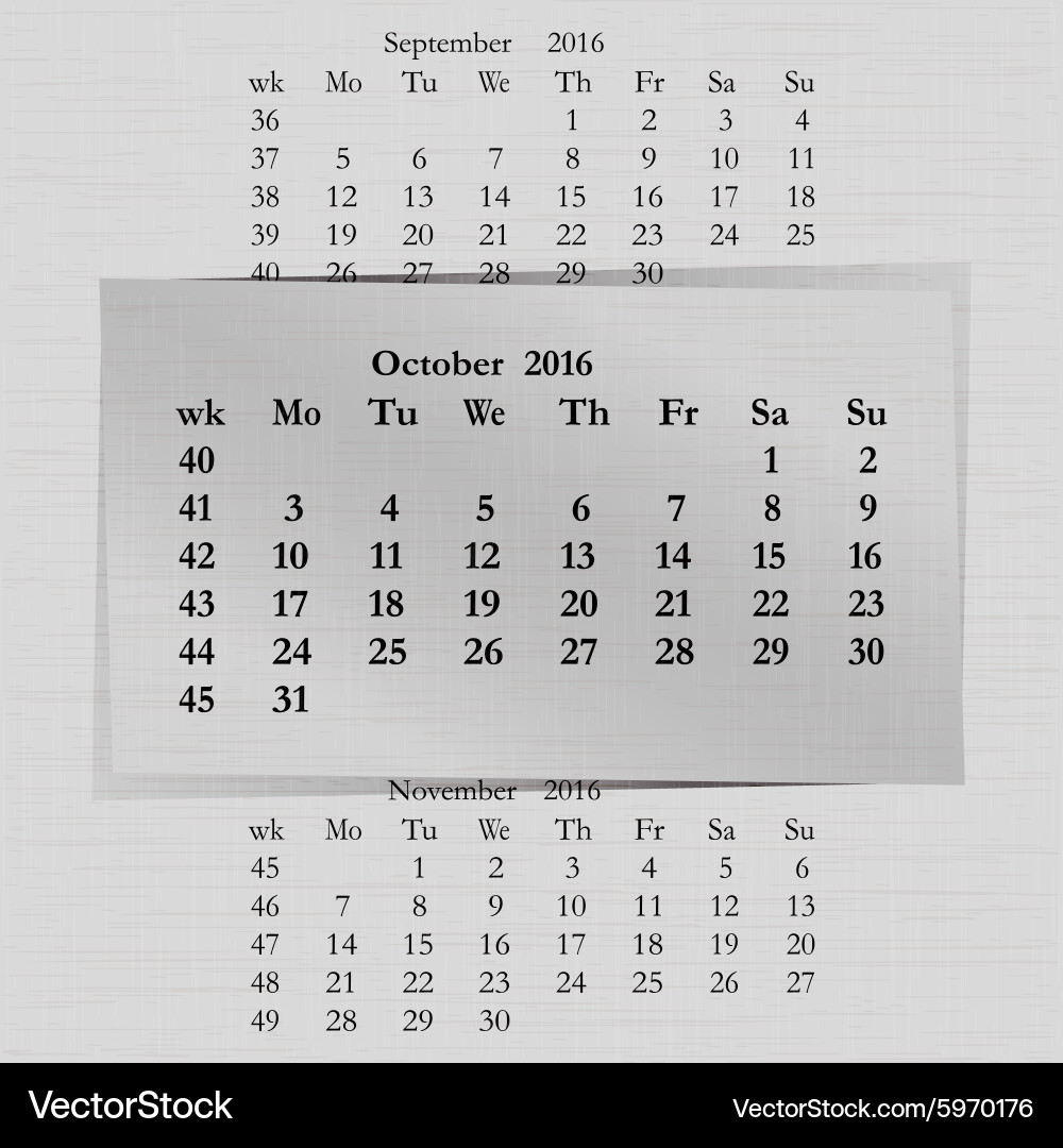 Calendar month for 2016 pages october start monday Vector Image