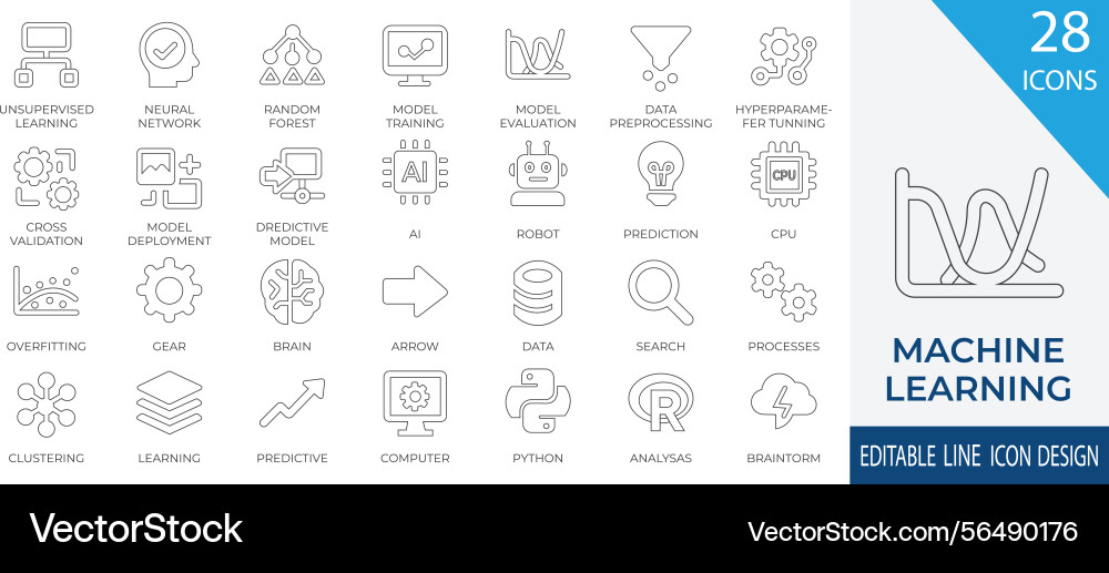 Machine learning stroke icon set vector image