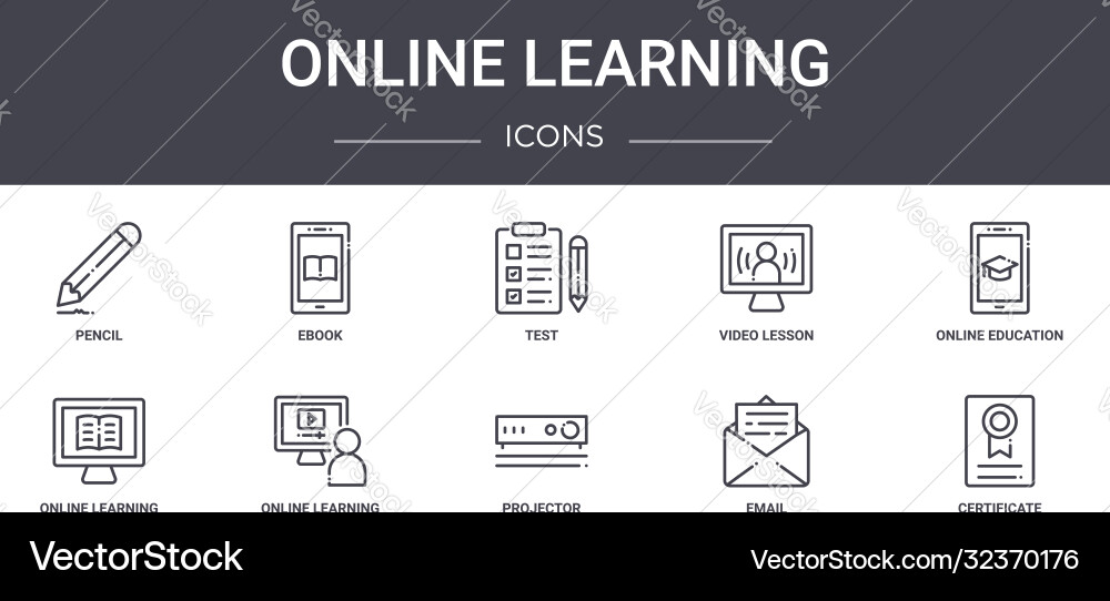 Online learning concept line icons set contains Online learning concept line icons set contains vector image