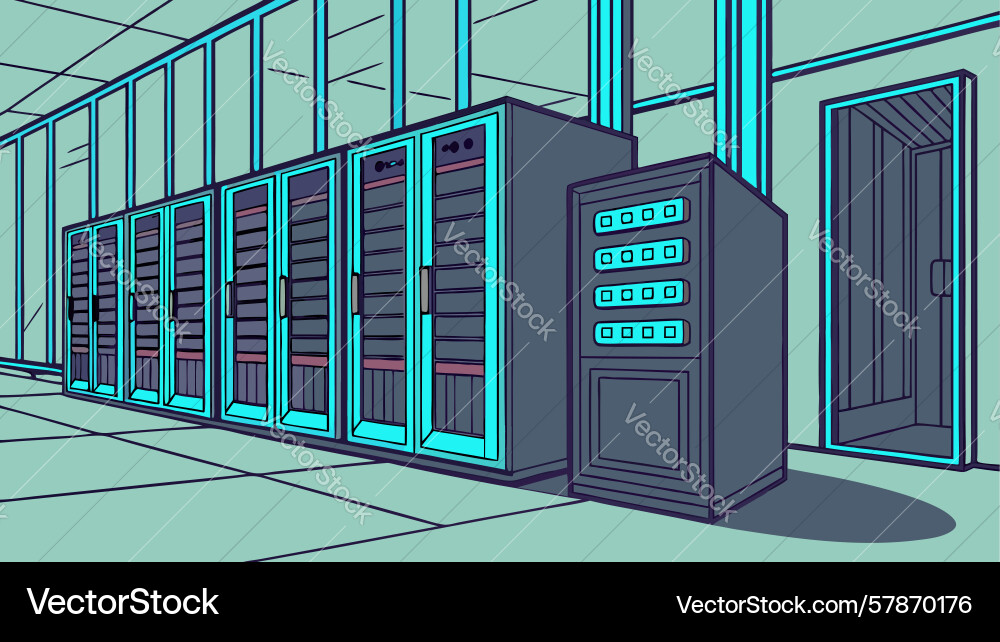 Secure server room with network racks and cables Vector Image