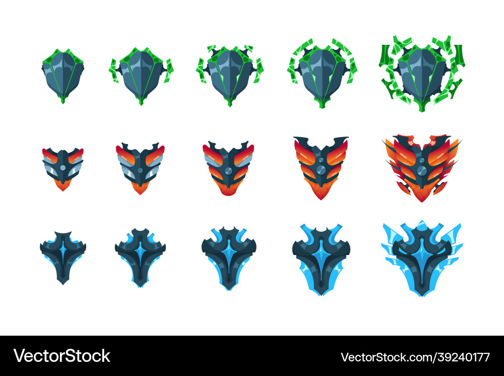 Level up shields cartoon poison fire and magic Level up shields cartoon poison fire and magic vector image