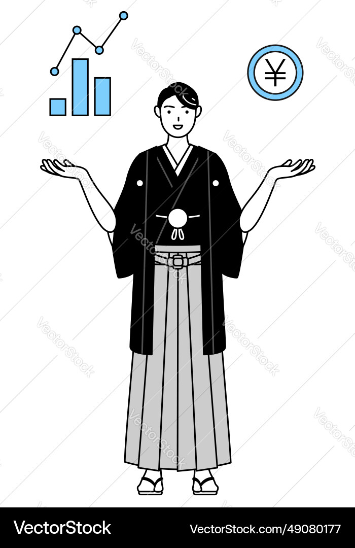 Man wearing hakama with crest guiding an image Man wearing hakama with crest guiding an image vector image
