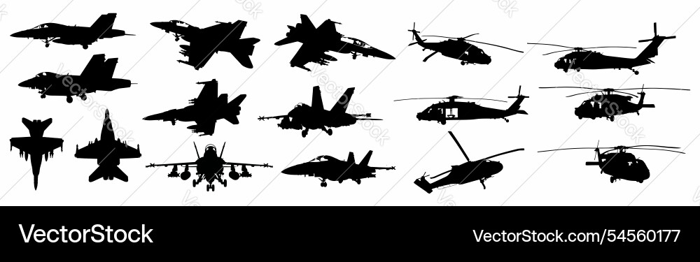 Schwarze Silhouetten verschiedener militärischer Flugzeuge Schwarze Silhouetten verschiedener militärischer Flugzeuge vektorbild