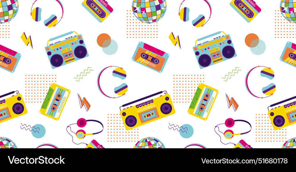 90s retro elements seamless pattern with tape Vector Image