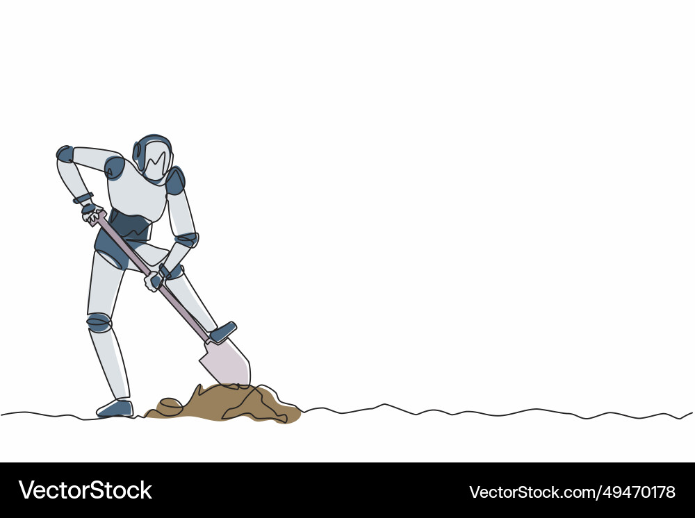 Continuous one line drawing robot step on shovel Vector Image