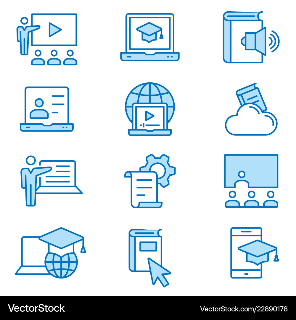 E-Learning Fernunterricht flache Linie Icon-Set E-Learning Fernunterricht flache Linie Icon-Set vektorbild