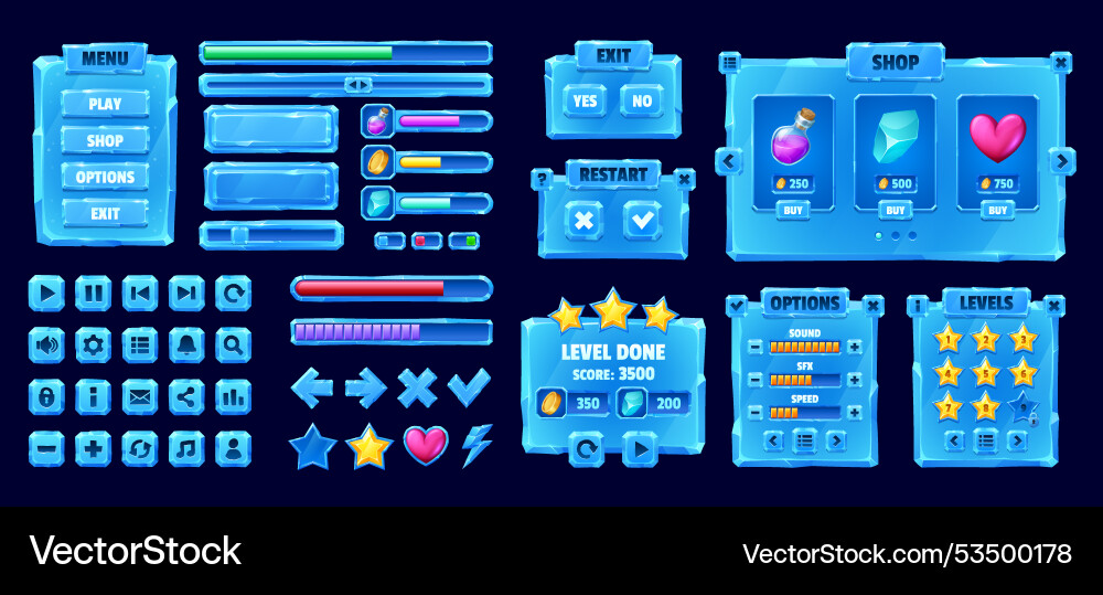 Ice crystal game interface and buttons asset Ice crystal game interface and buttons asset vector image