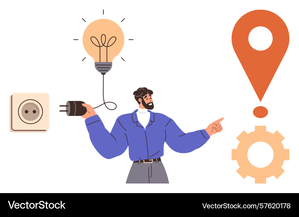 Man connecting plug to lightbulb and pointing Man connecting plug to lightbulb and pointing vector image
