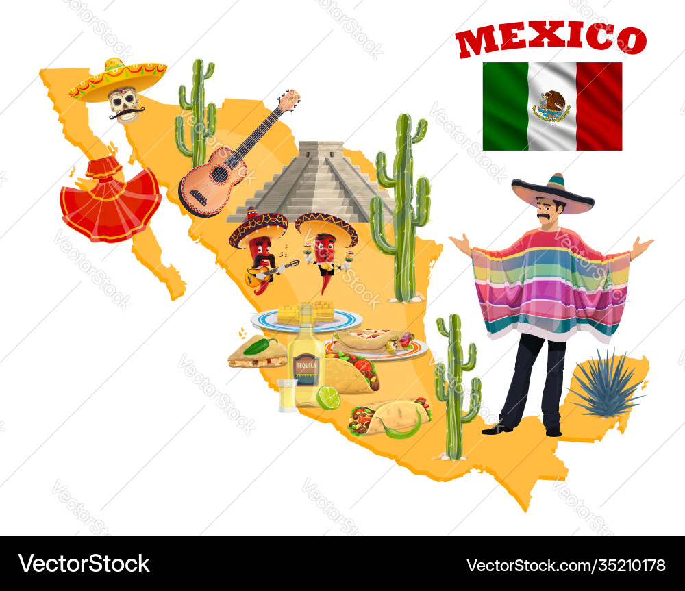 Mexican map with mariachi red chilli sombrero vector image