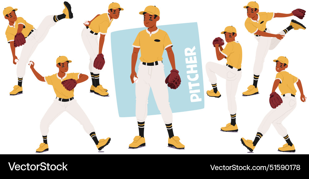 Set of baseball pitcher character in different Set of baseball pitcher character in different vector image