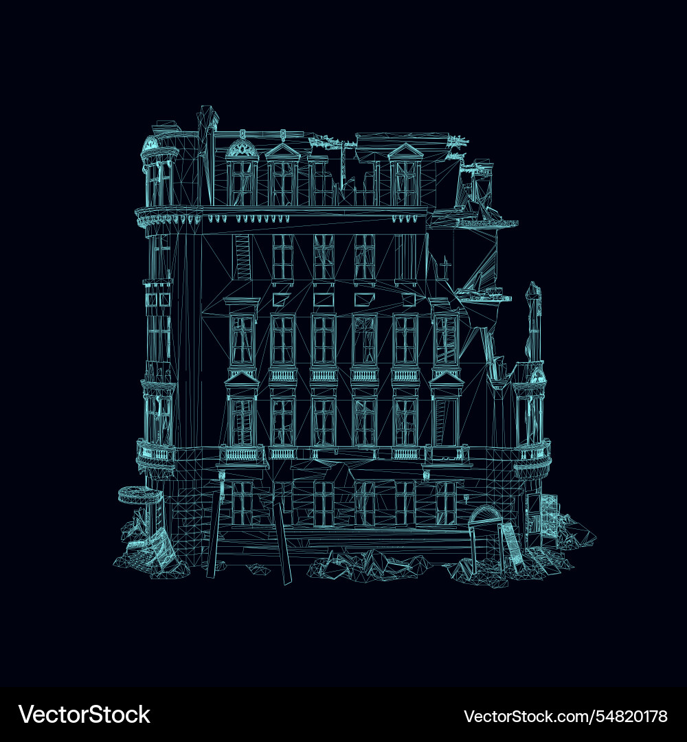 Wireframe of a destroyed building from blue lines Wireframe of a destroyed building from blue lines vector image