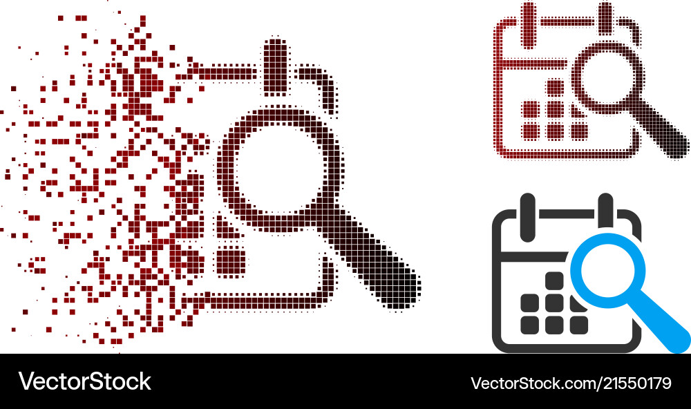 Disintegrating pixel halftone find date icon Disintegrating pixel halftone find date icon vector image