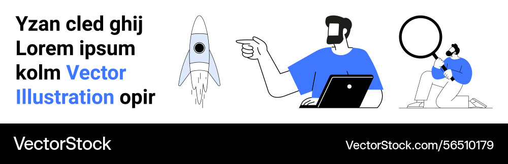 Man pointing at rocket launch with laptop Man pointing at rocket launch with laptop vector image