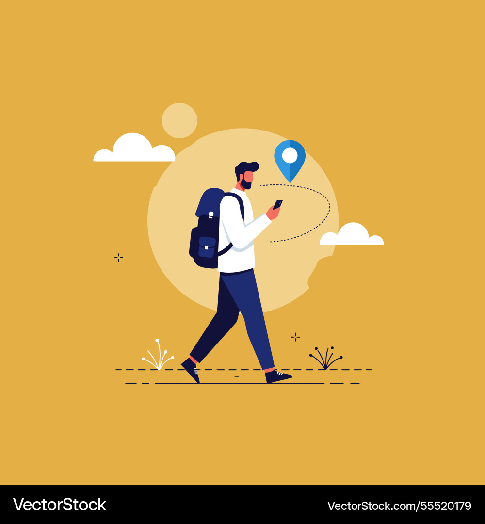 Man walking with backpack using phone vector image
