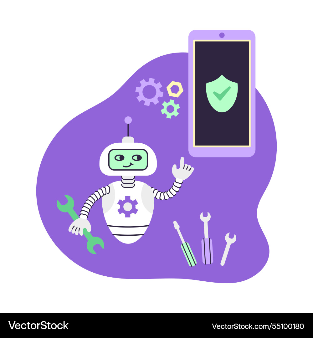 Ai robot assistant holds wrench and points Ai robot assistant holds wrench and points vector image