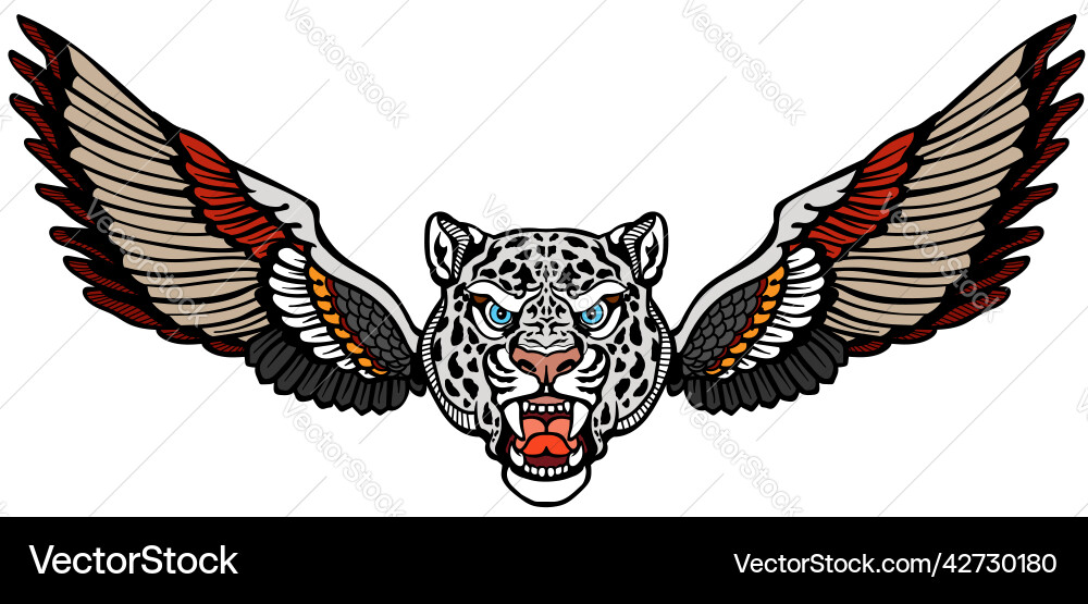 Head of a snow leopard with wings front view Head of a snow leopard with wings front view vector image