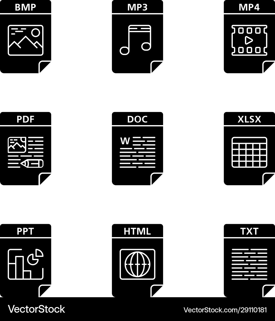 Files format glyph icons set Files format glyph icons set vector image
