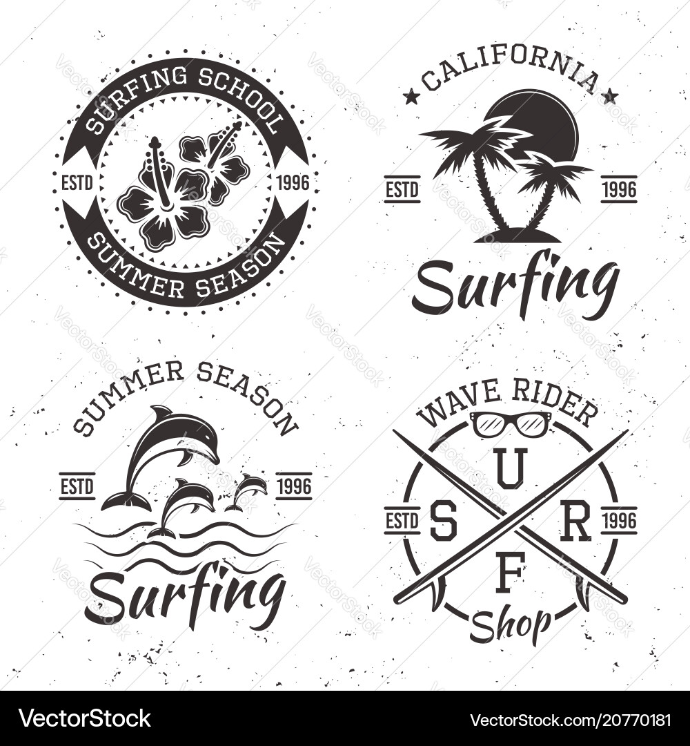 Surfing set of four black vintage emblems Surfing set of four black vintage emblems vector image