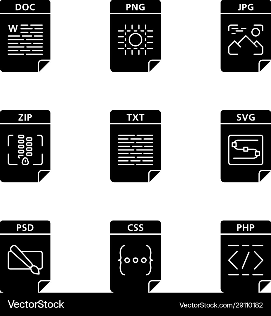 Files format glyph icons set Files format glyph icons set vector image