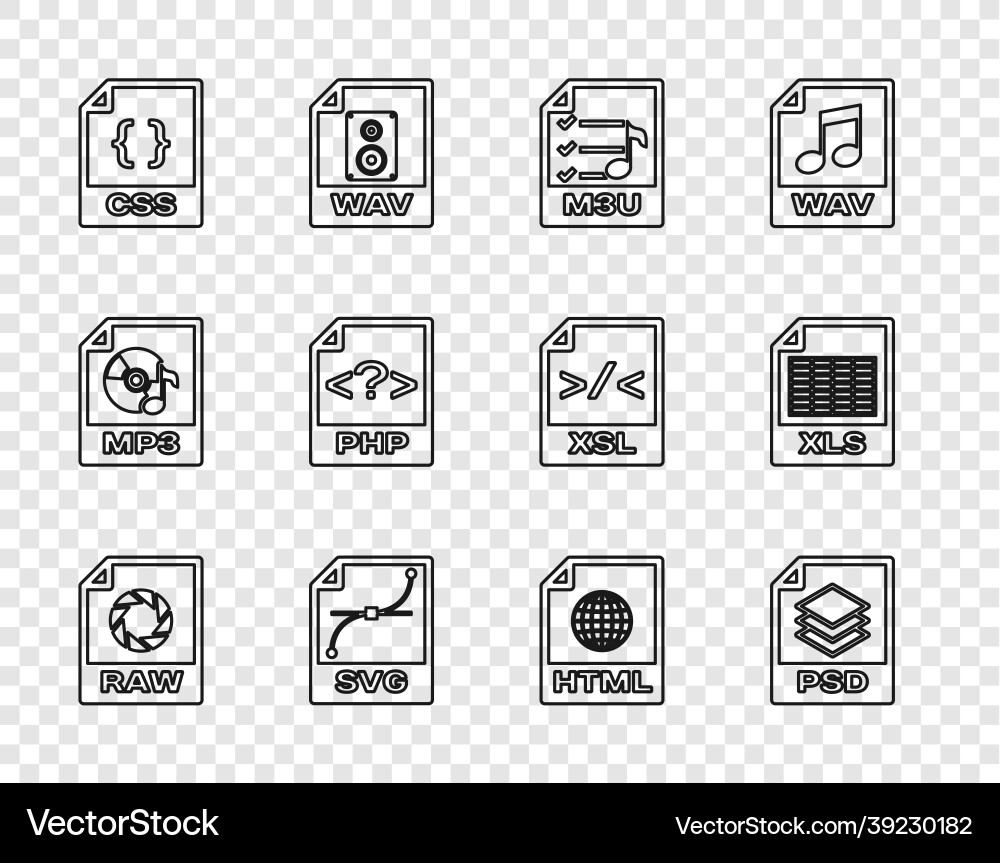 Set line raw file document psd m3u svg css Set line raw file document psd m3u svg css vector image